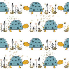 Turtles, hand drawn backdrop. Colorful seamless pattern with animals, plants. Decorative cute wallpaper, good for printing. Overlapping background vector. Design illustration, reptiles - 392635407