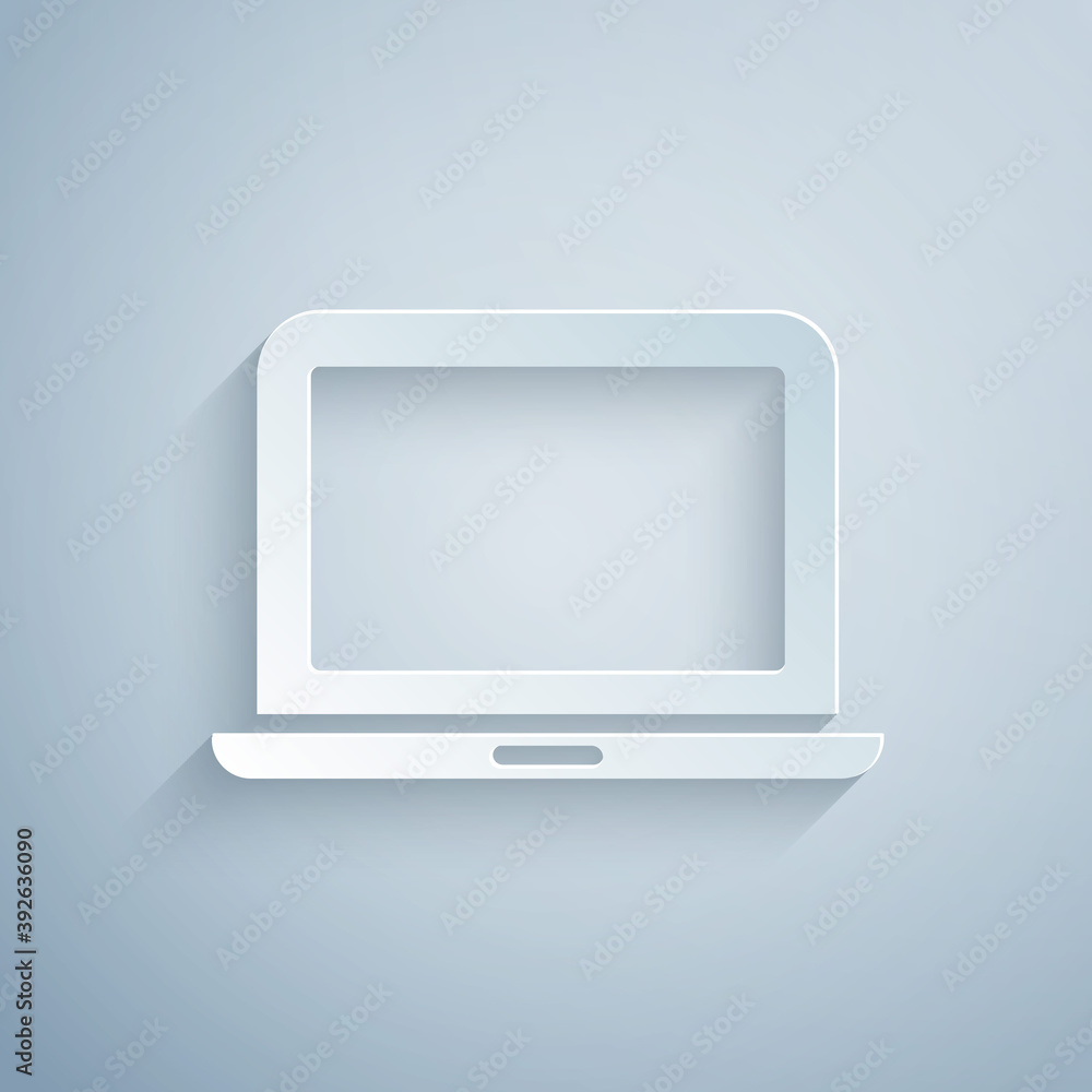 Poster paper cut laptop icon isolated on grey background. computer notebook with empty screen sign. paper a