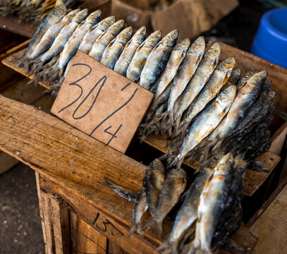 Dried herring fish or tuyo for sale at a local dried fish store in Divisoria, Manila, Philippines. Display outside the store.