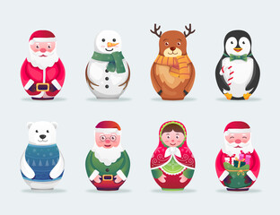 Christmas Matryoshka Cartoon Illustration Set
