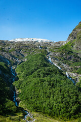 Boeyabreen glacier with forest and waterfalls