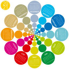 Colorful calendar for 2021. Circular design. In vector format