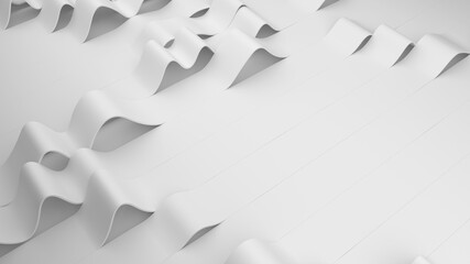 White folds of stripes on a surface. Deformed creased surface with soft light. Modern bright backdrop with wrinkles in minimalistic style. 3D Render Illustration