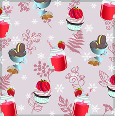 Strawberry sweet vector illustration on the beige background with plants and snowflakes