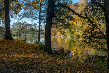 City park Åbackarna along Motala river in Norrköping during fall in Sweden.