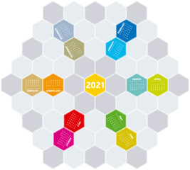 Colorful Calendar design for year 2021 in an hexagonal pattern. In vector format.