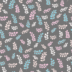 Seamless vector cute pattern on grey background with branches