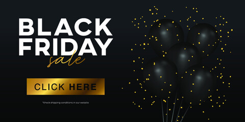 Black Friday Sale Poster with Shiny Balloons on Grey Background. Vector illustration.