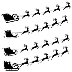 Santa claus flies with gifts on a sleigh in a reindeer sled for christmas and new year. Vector illustration for the holiday