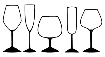 Various glasses for wine. Collection of hand drawn vector illustrations. Black contour simple elements in retro style, isolated on white. Outline set for design, print, decor, card, sticker, poster.