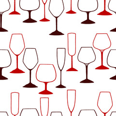Contour glasses for wine. Hand drawn vector seamless pattern. Colored outline flat background in retro style. Simple abstract design for print, decor, wallpaper, fabric, textile, wrapping paper, card.