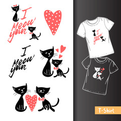 design t-shirt with two lovely cats and lettering I meow your, Vector illustration