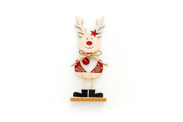 Christmas deer made of wood on white background top view, mockup