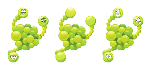 Comic virus isolated green germ mutant, laughing and angry emoticon with many hands or hands. Vector kids illness character, cartoon microorganism emoticon, microbe with eyes. Bad influenza fever