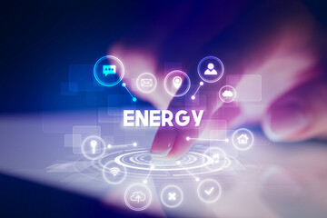 Finger touching tablet with web technology icons and ENERGY inscription, web technology concept