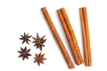 anise star and cinnamon stick isolated on white background