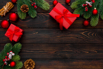 Christmas composition  on dark wooden background. Flat lay