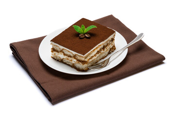 Traditional Italian Tiramisu square dessert portion on ceramic plate isolated on white background with clipping path
