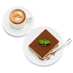 Traditional Italian Tiramisu dessert square portion on ceramic plate and cup of fresh espresso coffee isolated on white background with clipping path