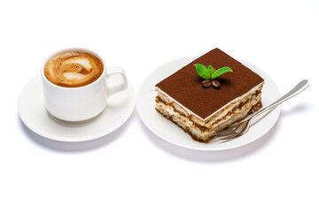 Traditional Italian Tiramisu dessert square portion on ceramic plate and cup of fresh espresso coffee isolated on white background with clipping path