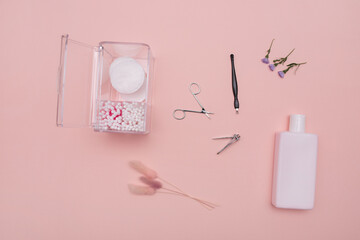 Women's cosmetics. set for manicure. delicate background. beauty concept. means for manicure on a...