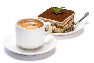 Traditional Italian Tiramisu dessert square portion on ceramic plate and cup of fresh espresso coffee isolated on white background with clipping path