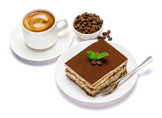 Traditional Italian Tiramisu dessert square portion on ceramic plate and cup of fresh espresso coffee isolated on white background with clipping path