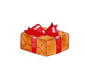 christmas gift wrapped in craft paper with red bow