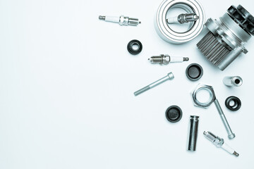 Car service tools. Set of new metal car part. Auto motor mechanic spare or automotive piece isolated on white background. Technology of mechanical gear with space for text.