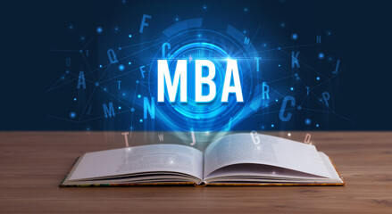 MBA inscription coming out from an open book, digital technology concept