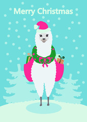 Christmas llama poster. Merry Christmas postcard.
