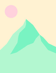 Vector mountain and sun poster, postcatd. Flat vector mountain and sun. Blue, pink, light orange.