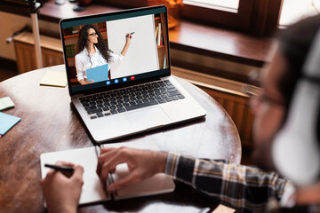 Student Guy At Laptop Having Online Class Sitting At Home