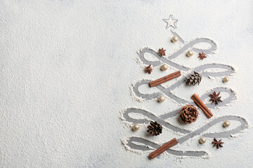 Christmas tree made of flour and festive decor on grey table, flat lay. Space for text