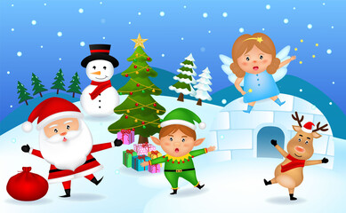 Merry Christmas and Happy new year with Christmas companions. Santa Claus, Snowman, Riandeer, The Farty Girl and The Elf boy are greeting with Merry Christmas.