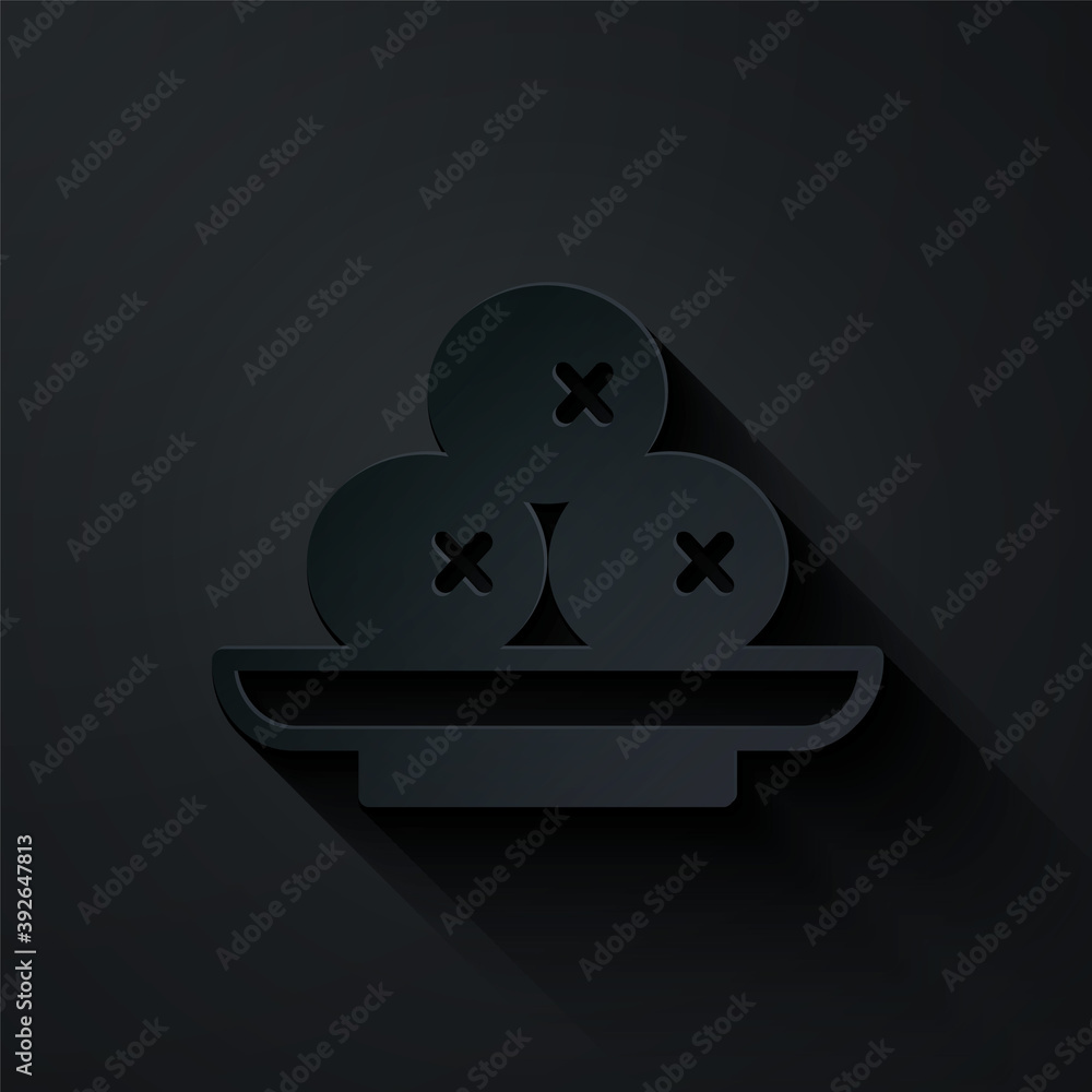 Sticker Paper cut Olives on plate icon isolated on black background. Paper art style. Vector.