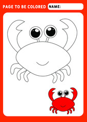 The page should be colored. Look and color. Coloring book  little Crab. Illustration and vector outline - A4 paper, ready for printing. 