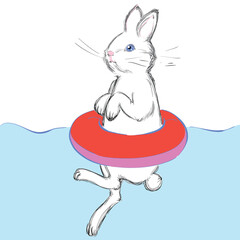 Swimming bunny. Freehand draVector Illustration of Cute Swimming Bunny with Red Lifebuoy. Free Hand Drawn. Freehand Drawing. Beautiful Sketched Rabbit. Vector Sketch. Cartoonwing. Vector illustration.