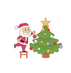 santa claus decorates the christmas tree.cartoon vector illustration. isolated on white background