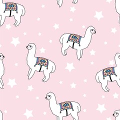 Cute childish seamless pattern with alpaca. Childish llama cartoon.