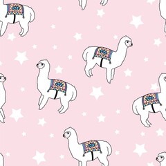 Cute childish seamless pattern with alpaca. Childish llama cartoon.