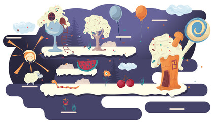 home cooking cakes in a glade of icing among trees flowers flat vector illustration for design design