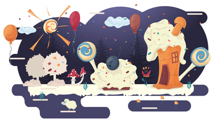houses made of cakes pastry baking in a glade of icing among trees flowers and balloons flat vector illustration for design decoration