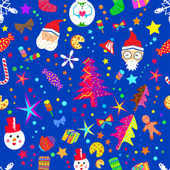 Christmas seamless pattern with blue background. 