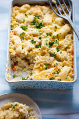 Fish pie mac ’n’ cheese with cod, carrot & peas