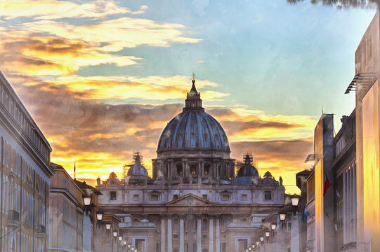 Beautiful view on Papal Basilica of St. Peter in the Vatican colorful painting