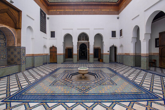 Marrakech, Morocco - 18 july, 2019: Interior of Dar Si Said - Museum of Moroccan Arts, Crafts, Carpets and Weaving in Marrakesh medina. The National Carpet Museum zellige tile work