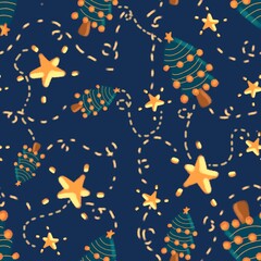 Fototapeta na wymiar Christmas or Xmas day seamless pattern with stars, Christmas tree, yellow light, firefly. Water color texture background .