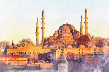 Fototapeta na wymiar Beautiful view on Suleymaniye Mosque colorful painting looks like picture