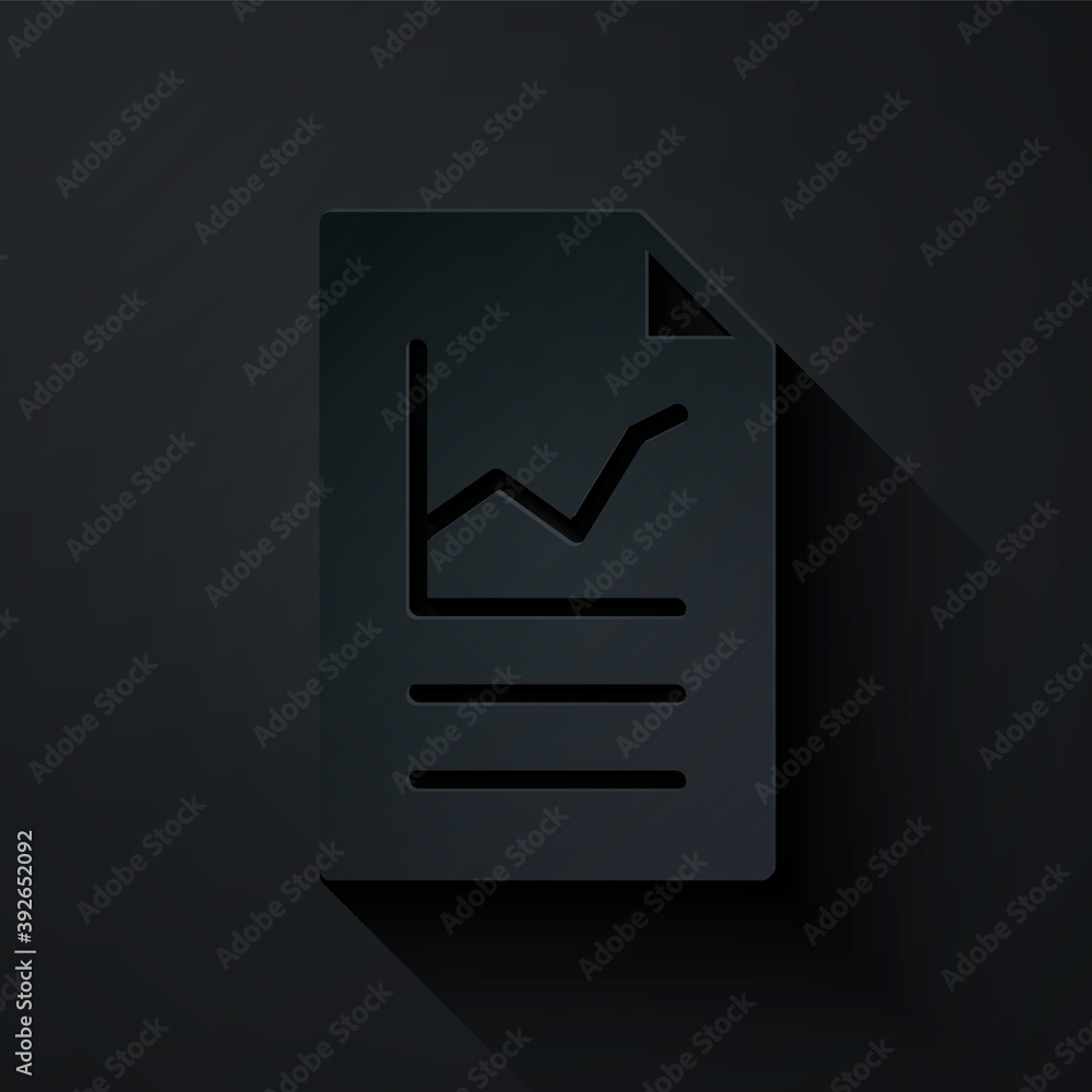 Poster paper cut document with graph chart icon isolated on black background. report text file icon. accoun